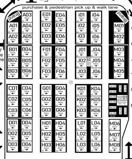 Map of a vendor sales layout with labeled designated areas displaying organized open isles with pick up lane.