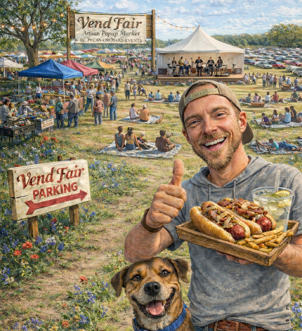 Man holding a tray of food with a dog, set against a lively outdoor market scene.