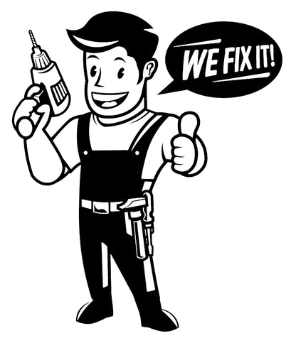 Cute smiling cartoon human repairman in coveralls and tool belt holding a drill and giving thumbs up stating "we fix it" from speech bubble.