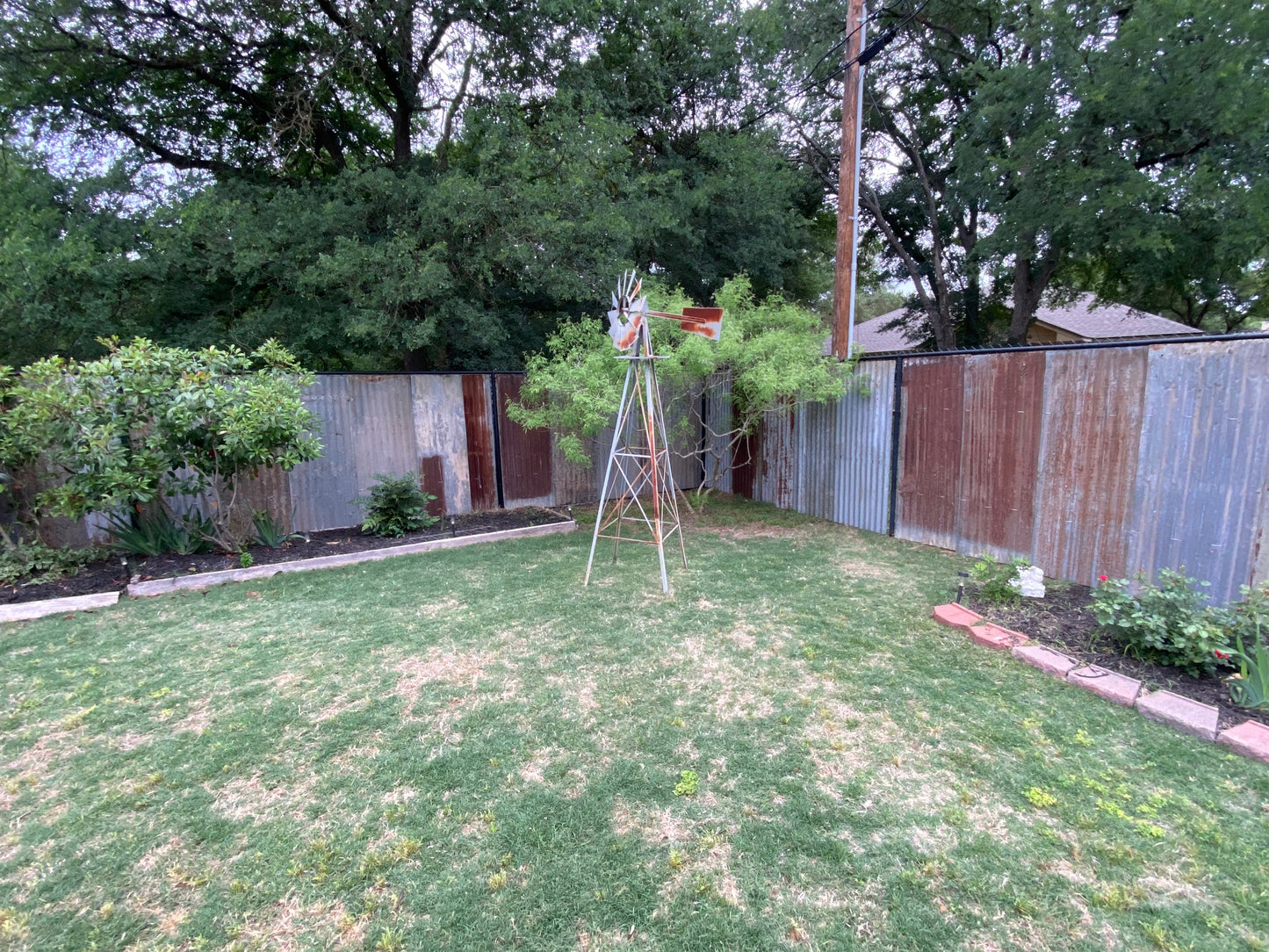 Backyard alteration with rustic barn tin installed to chain link fence for privacy with a windmill, grass, and trees after picture