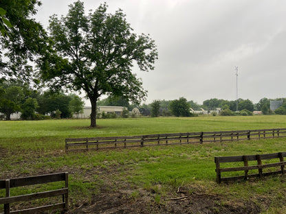 A partially shaded open field with a tree, a fence in the foreground, and a clear sky above.