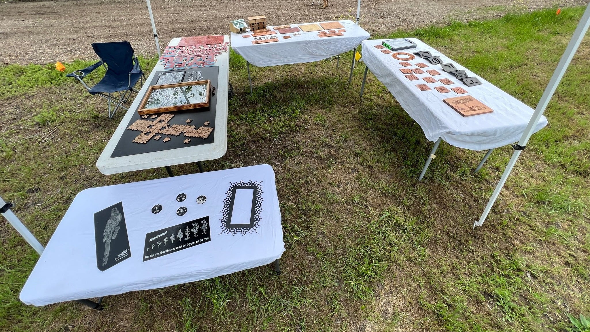 Tables set up outdoors with various items on a grassy area